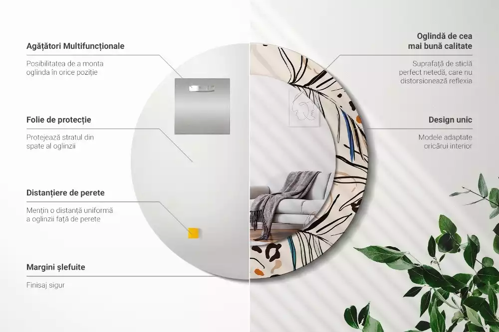 Lustro ścienne dekoracyjne okrągłe z motywem kwiatów i wzorem dżungli