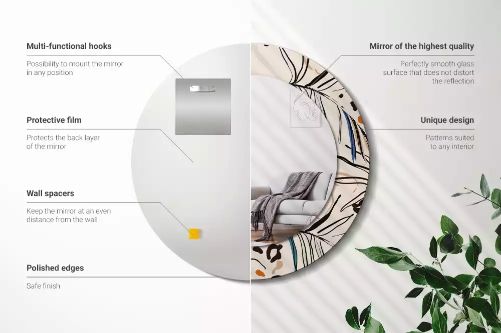 Lustro ścienne dekoracyjne okrągłe z motywem kwiatów i wzorem dżungli