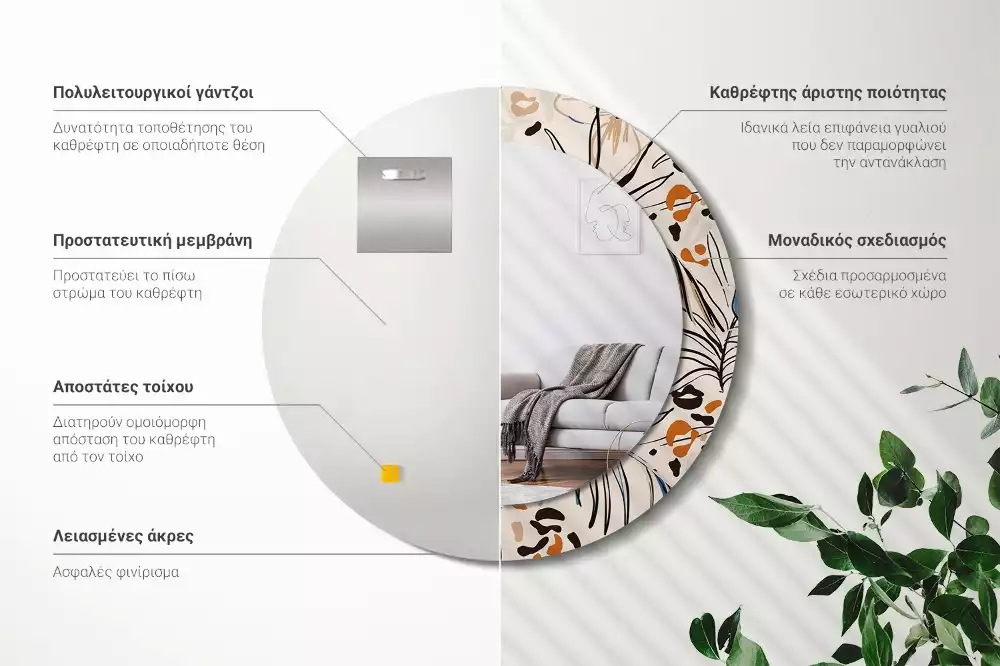 Lustro ścienne dekoracyjne okrągłe z motywem kwiatów i wzorem dżungli