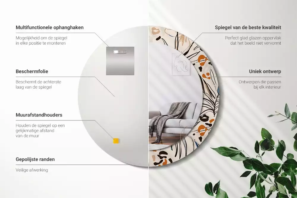 Lustro ścienne dekoracyjne okrągłe z motywem kwiatów i wzorem dżungli