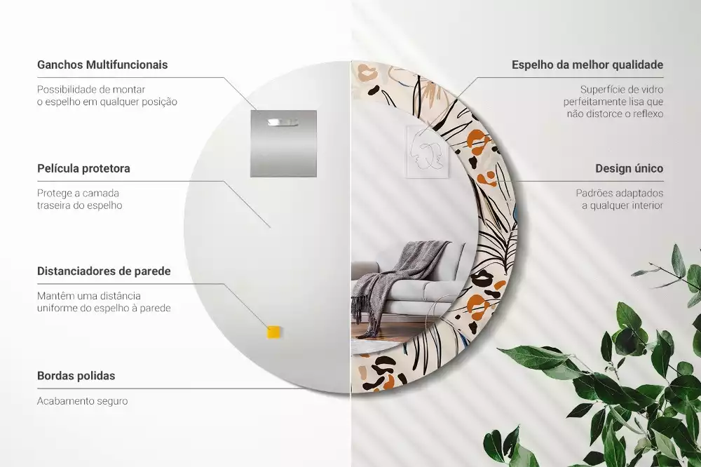 Lustro ścienne dekoracyjne okrągłe z motywem kwiatów i wzorem dżungli