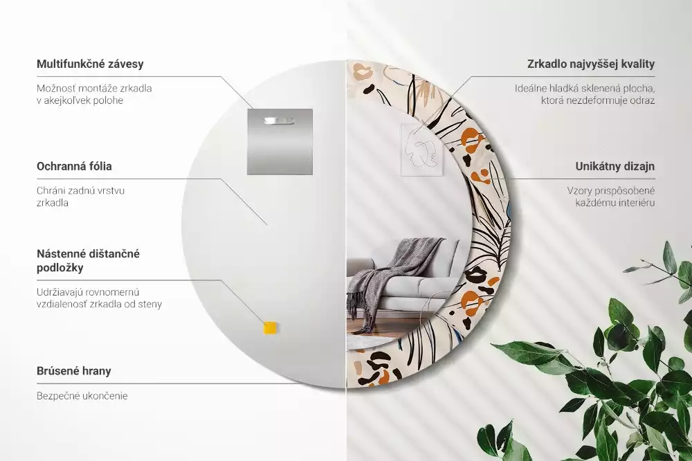 Lustro ścienne dekoracyjne okrągłe z motywem kwiatów i wzorem dżungli