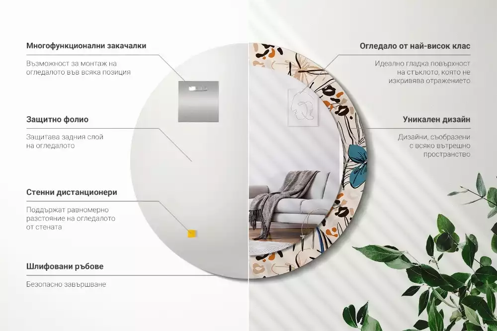 Lustro ścienne dekoracyjne okrągłe z motywem kwiatów i wzorem dżungli