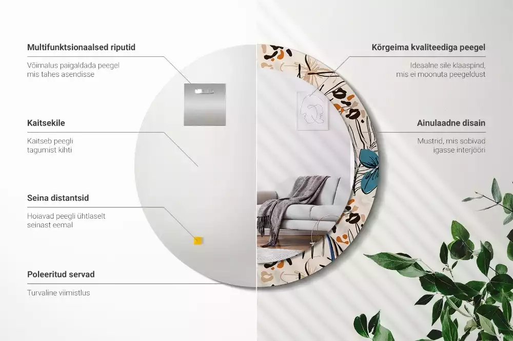 Lustro ścienne dekoracyjne okrągłe z motywem kwiatów i wzorem dżungli