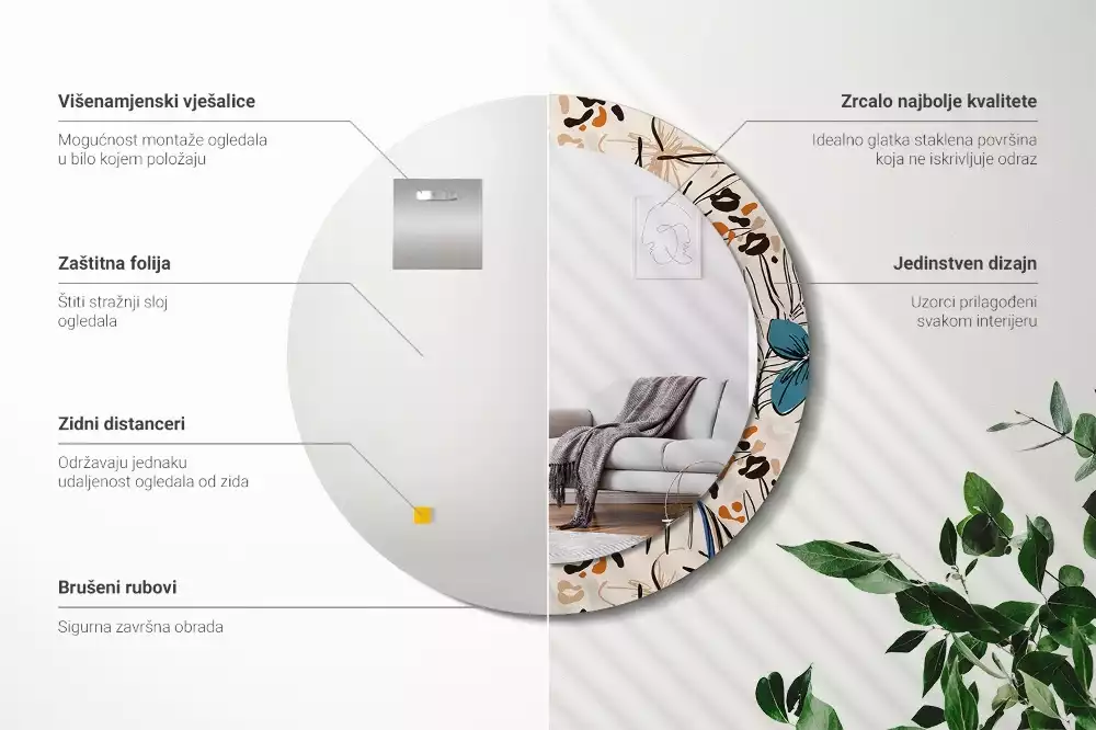 Lustro ścienne dekoracyjne okrągłe z motywem kwiatów i wzorem dżungli