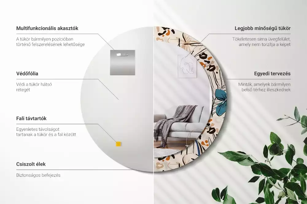 Lustro ścienne dekoracyjne okrągłe z motywem kwiatów i wzorem dżungli