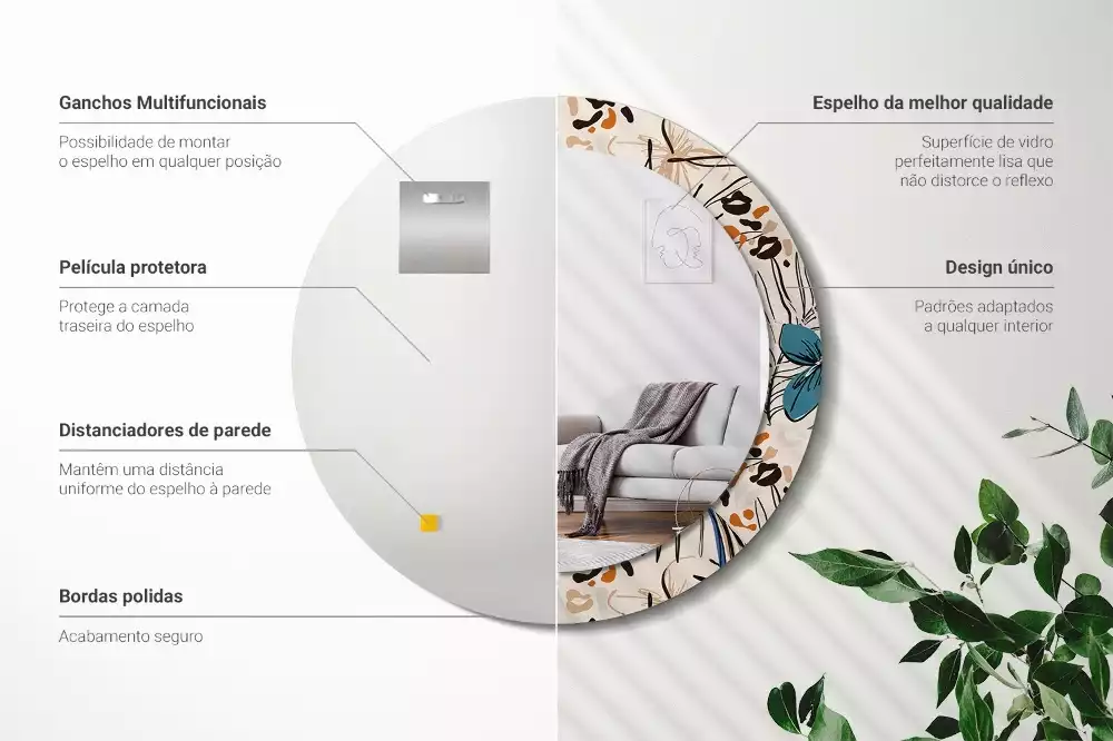 Lustro ścienne dekoracyjne okrągłe z motywem kwiatów i wzorem dżungli