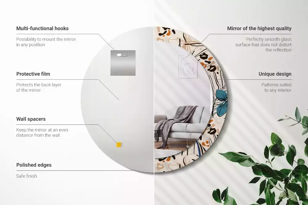 Lustro ścienne dekoracyjne okrągłe z motywem kwiatów i wzorem dżungli