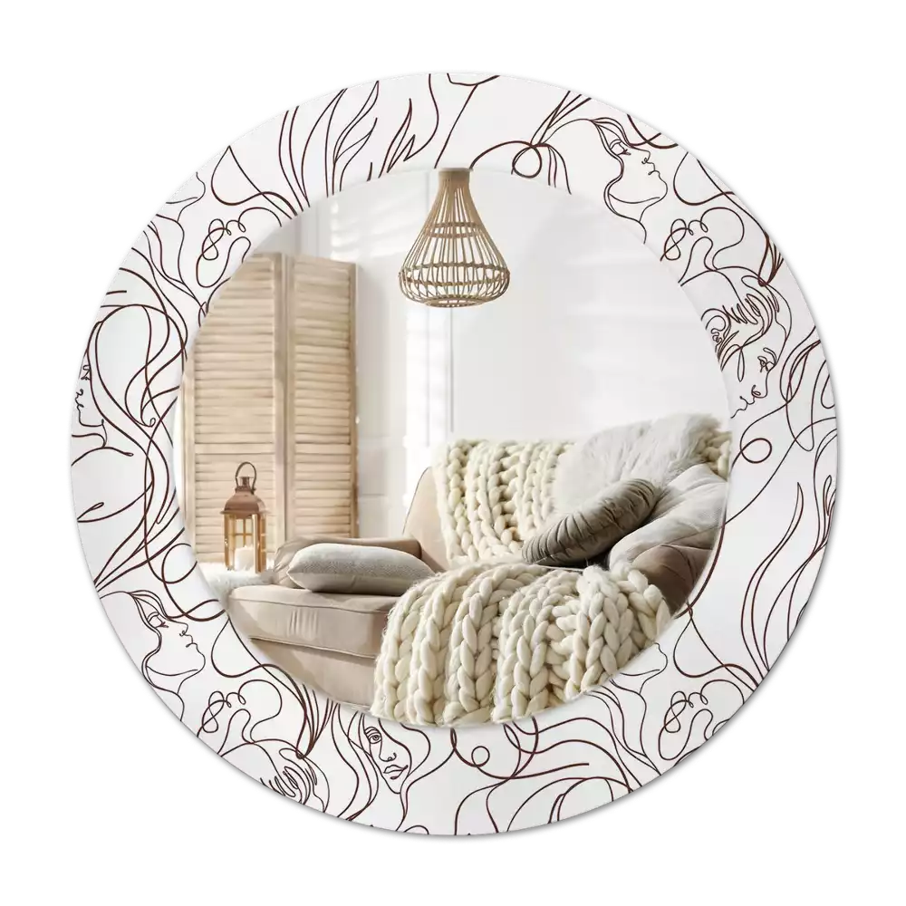 Lustro ścienne dekoracyjne w kształcie okręgu z motywem twarzy z linii