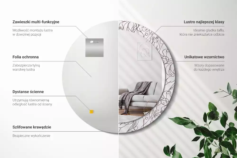 Lustro ścienne dekoracyjne w kształcie okręgu z motywem twarzy z linii