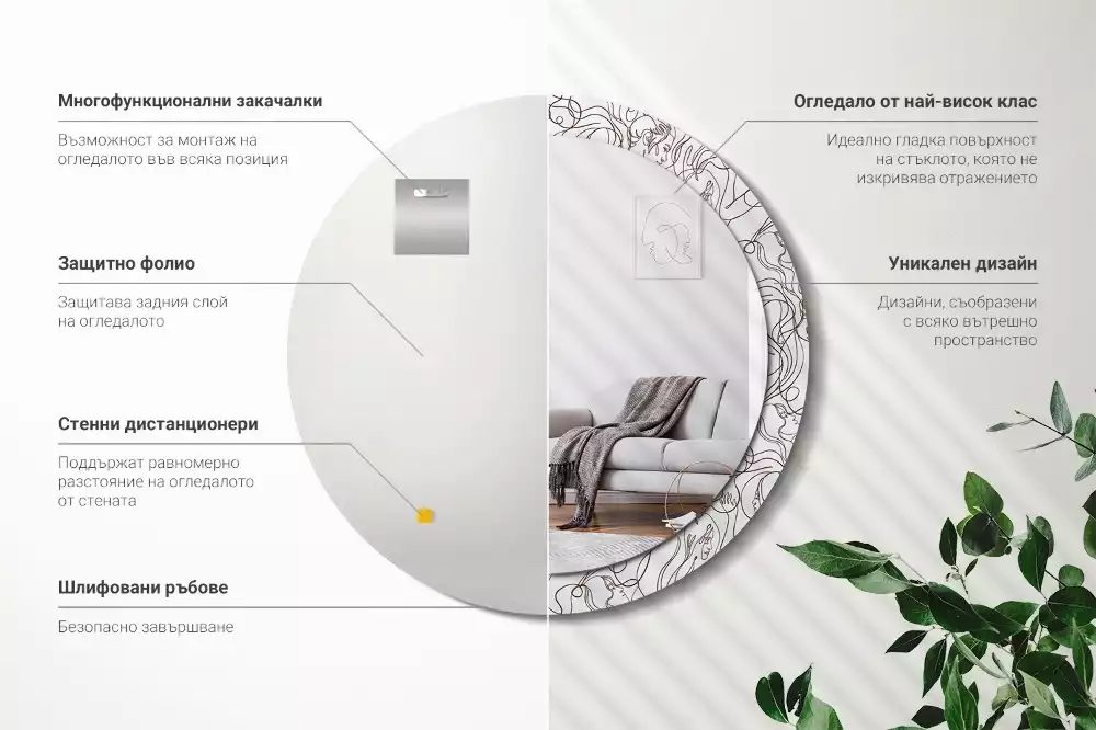 Lustro ścienne dekoracyjne w kształcie okręgu z motywem twarzy z linii