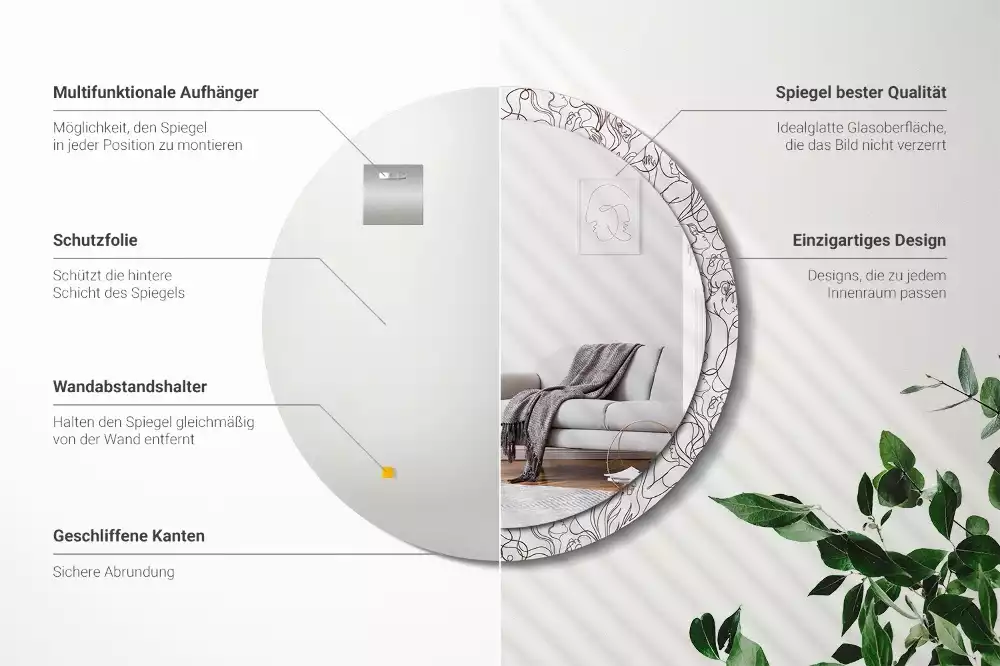 Lustro ścienne dekoracyjne w kształcie okręgu z motywem twarzy z linii