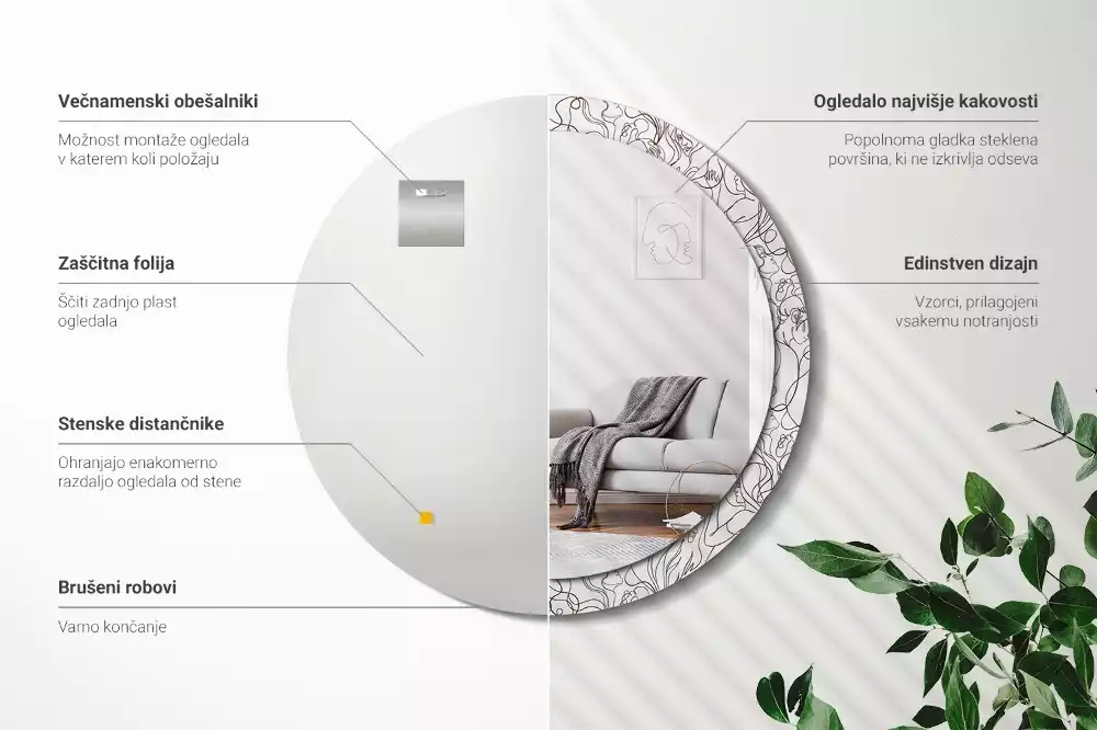 Lustro ścienne dekoracyjne w kształcie okręgu z motywem twarzy z linii