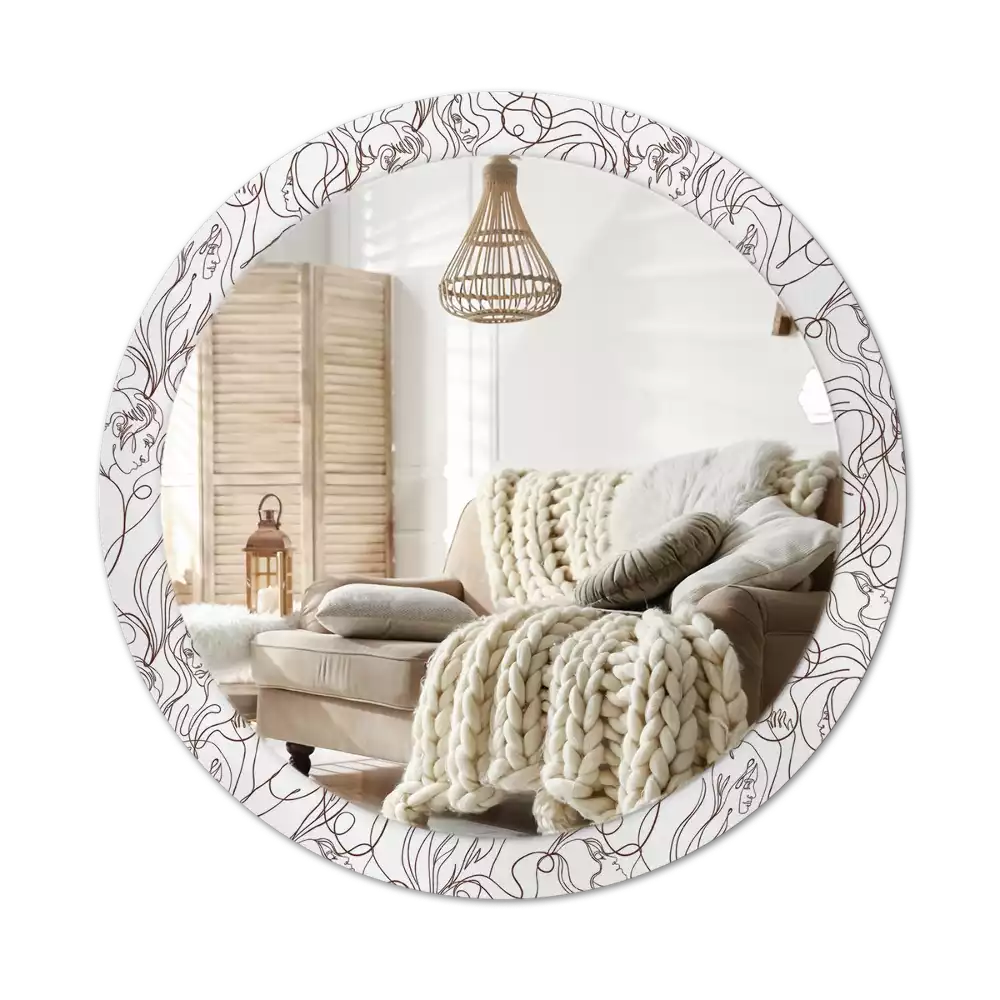 Lustro ścienne dekoracyjne w kształcie okręgu z motywem twarzy z linii