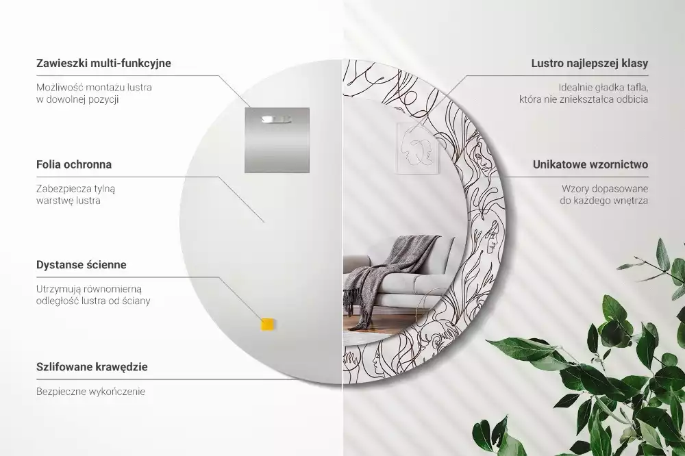 Lustro ścienne dekoracyjne w kształcie okręgu z motywem twarzy z linii