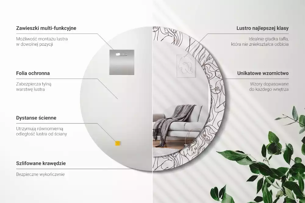 Lustro ścienne dekoracyjne w kształcie okręgu z motywem twarzy z linii