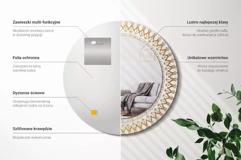 Lustro z ramą z nadrukiem i motywem indiańskiej mandali