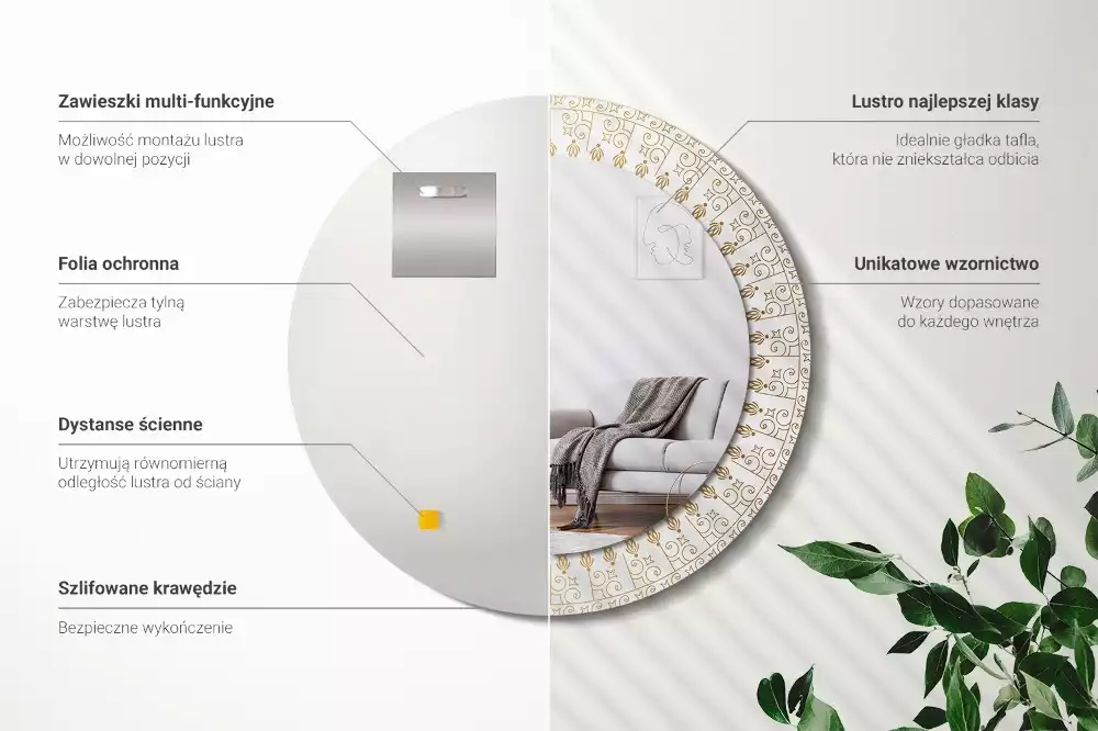 Lustro z ramą z nadrukiem i motywem indiańskiej mandali