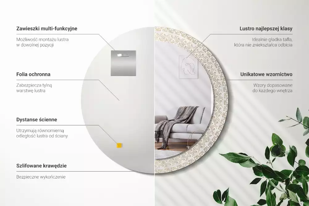 Lustro z ramą z nadrukiem i motywem indiańskiej mandali