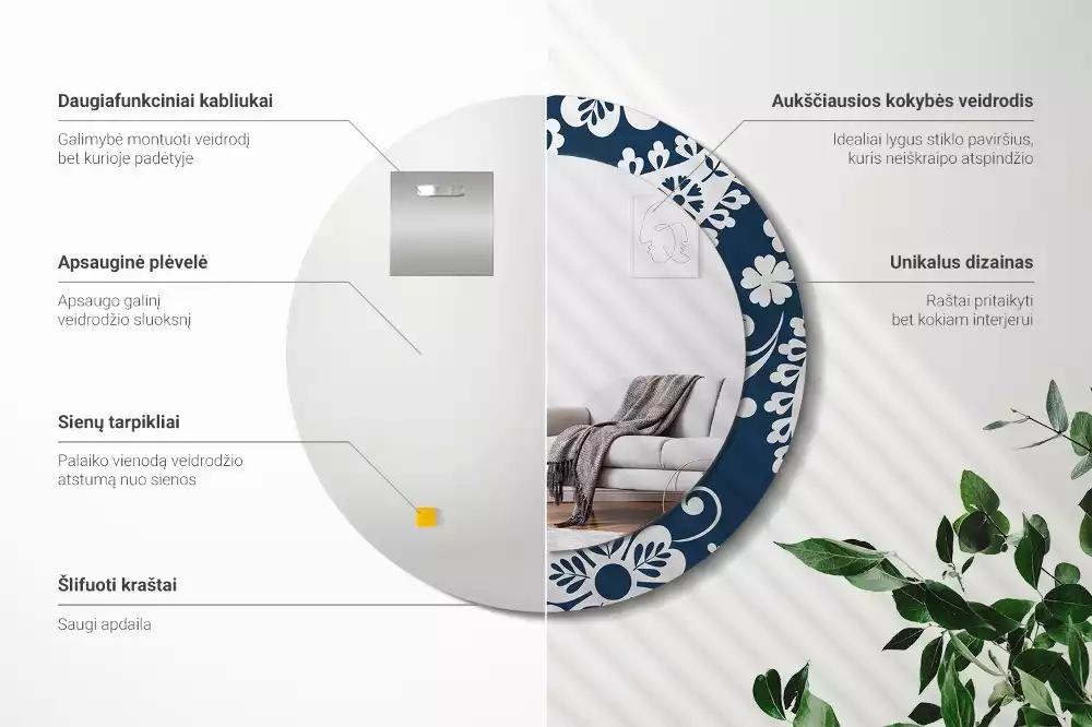 Lustro w okrągłej ramie z nadrukiem w stylu kompozycji paisley