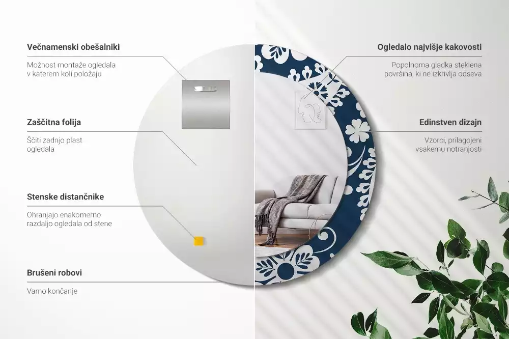 Lustro w okrągłej ramie z nadrukiem w stylu kompozycji paisley