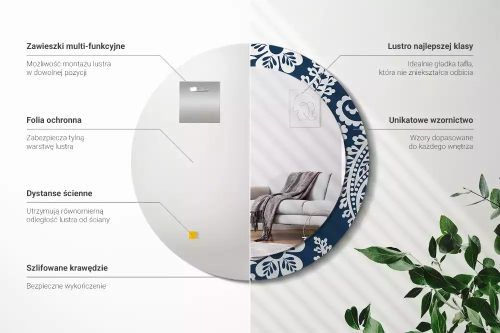 Lustro w okrągłej ramie z nadrukiem w stylu kompozycji paisley