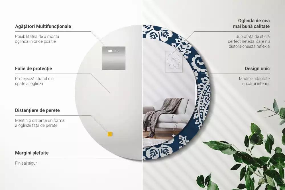 Lustro w okrągłej ramie z nadrukiem w stylu kompozycji paisley