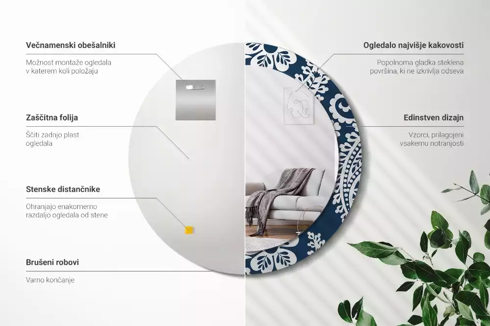 Lustro w okrągłej ramie z nadrukiem w stylu kompozycji paisley