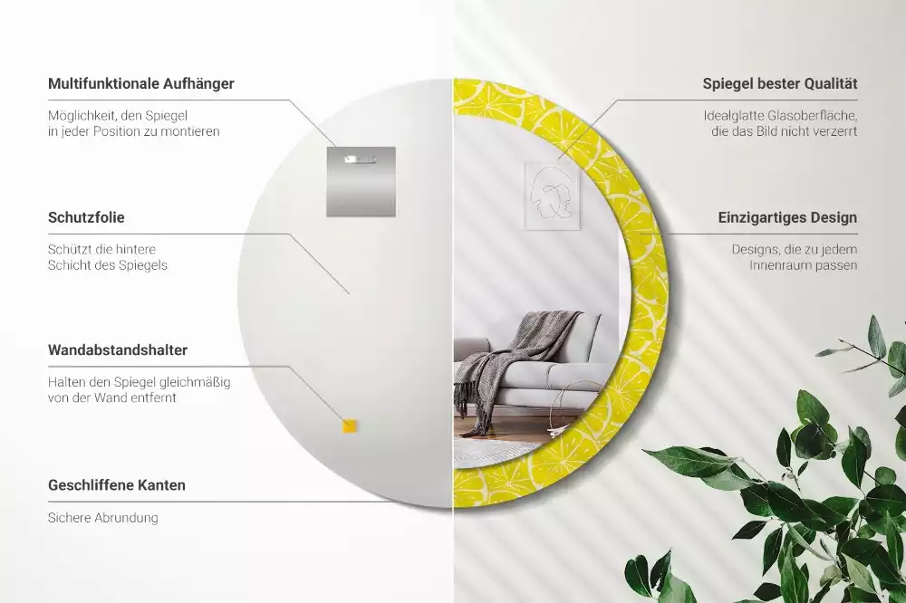 Lustro okrągłe z drukowaną ramką w motywem cytryn