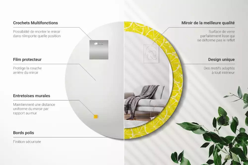 Lustro okrągłe z drukowaną ramką w motywem cytryn