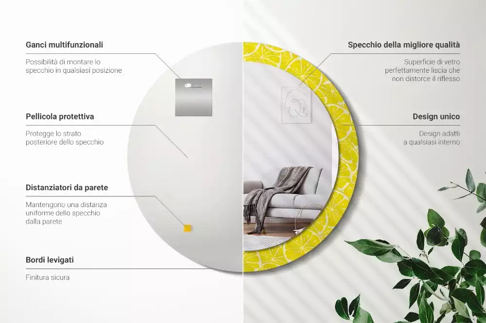 Lustro okrągłe z drukowaną ramką w motywem cytryn