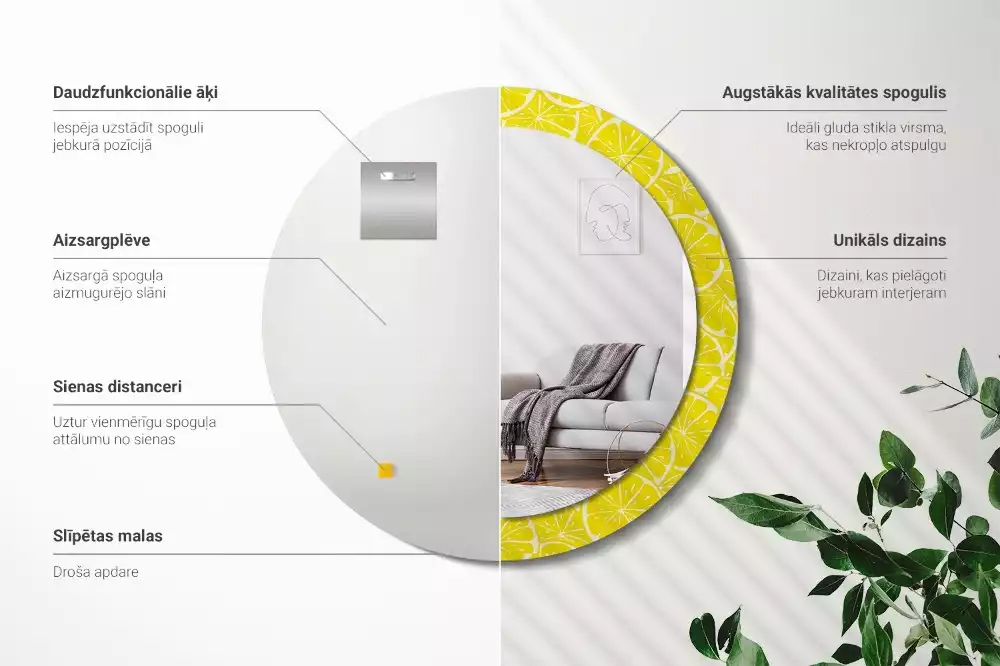 Lustro okrągłe z drukowaną ramką w motywem cytryn