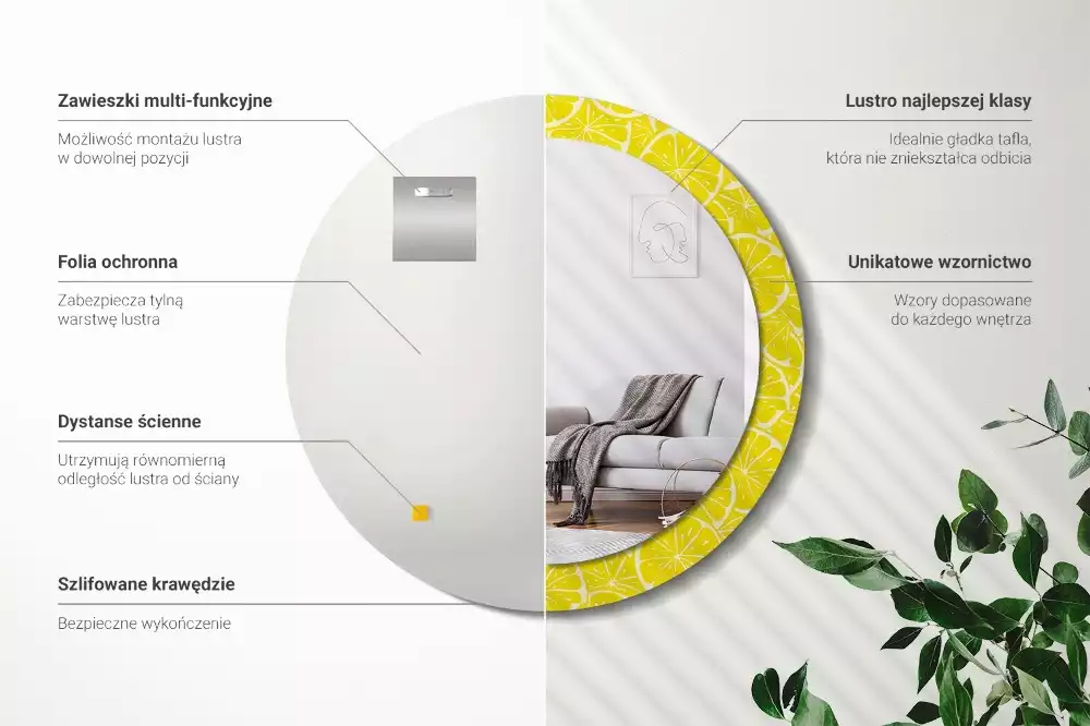 Lustro okrągłe z drukowaną ramką w motywem cytryn