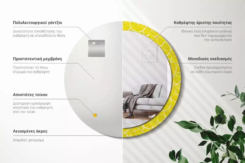 Lustro okrągłe z drukowaną ramką w motywem cytryn