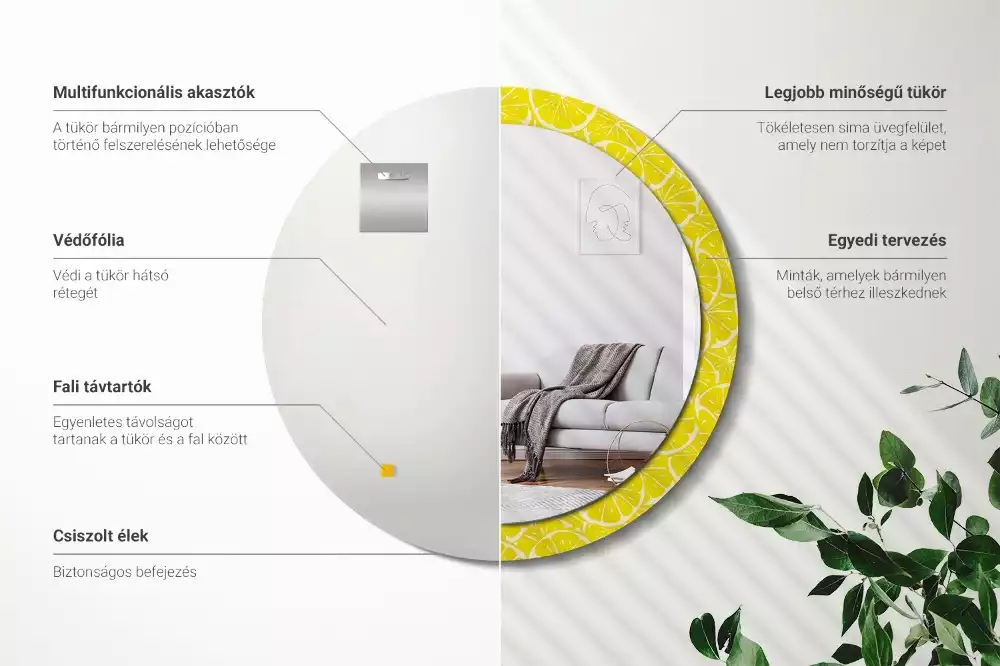 Lustro okrągłe z drukowaną ramką w motywem cytryn