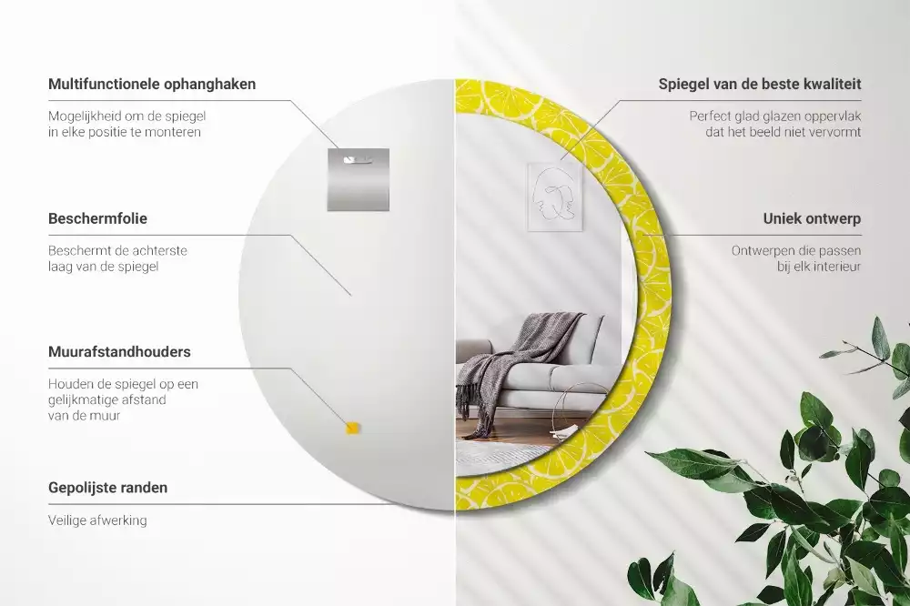 Lustro okrągłe z drukowaną ramką w motywem cytryn