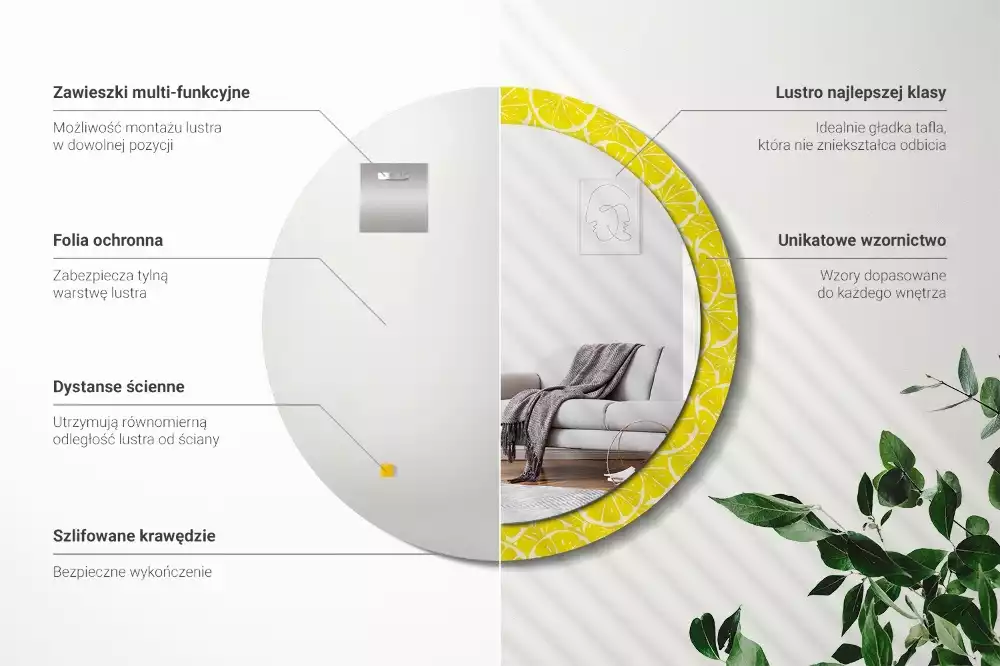 Lustro okrągłe z drukowaną ramką w motywem cytryn