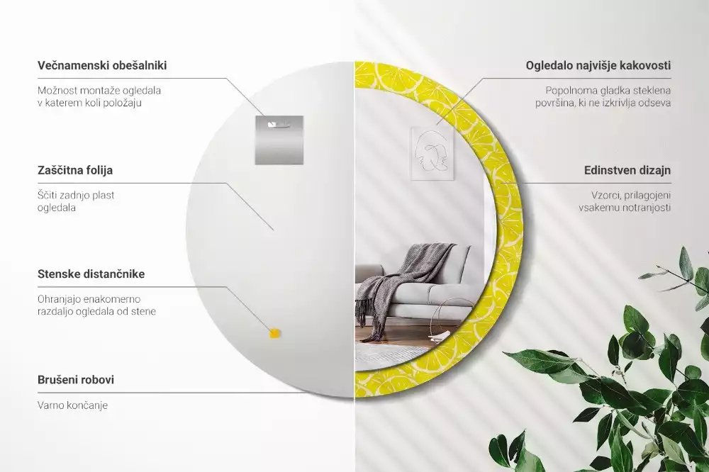 Lustro okrągłe z drukowaną ramką w motywem cytryn