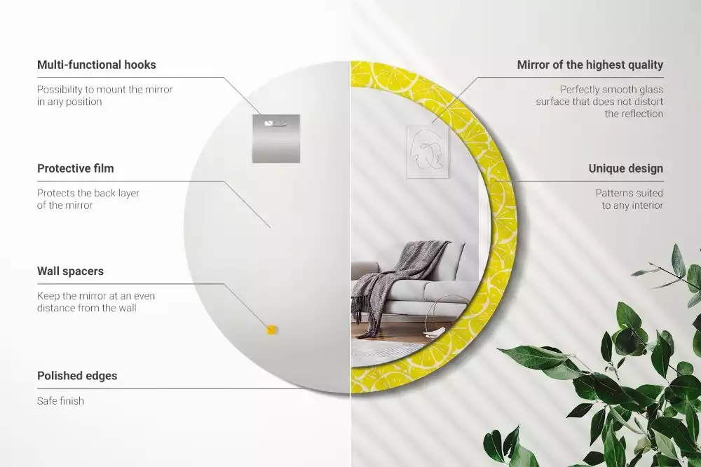 Lustro okrągłe z drukowaną ramką w motywem cytryn