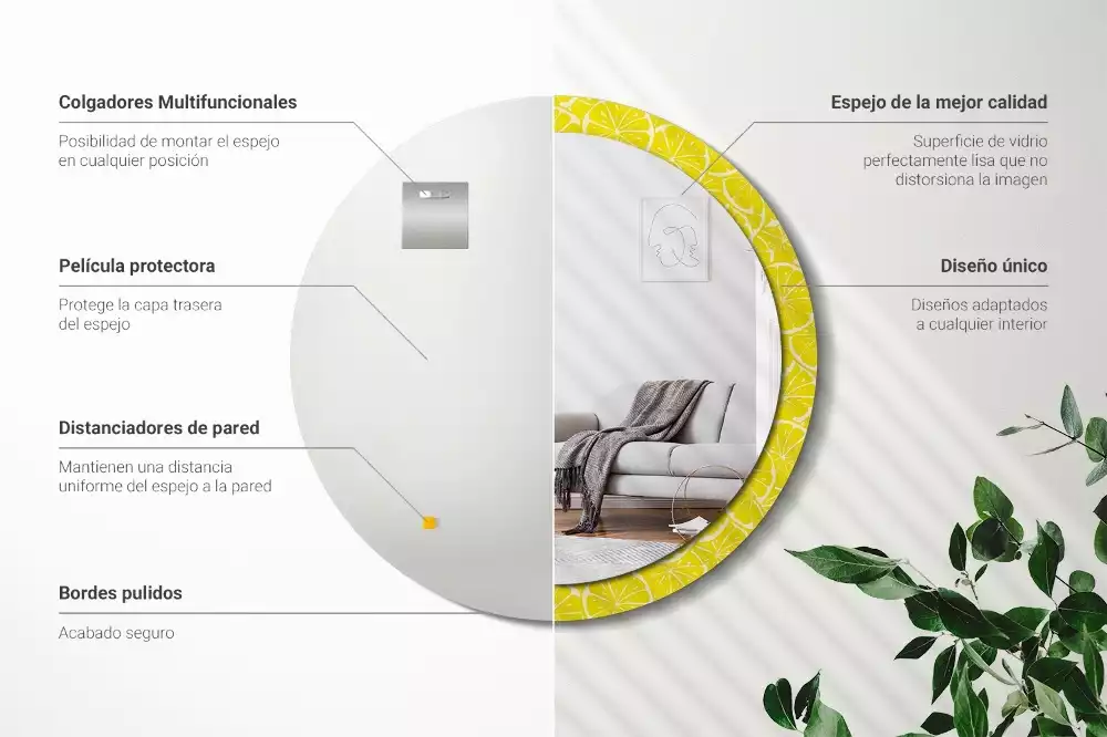 Lustro okrągłe z drukowaną ramką w motywem cytryn