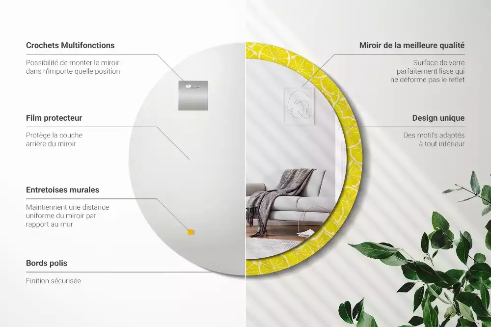 Lustro okrągłe z drukowaną ramką w motywem cytryn