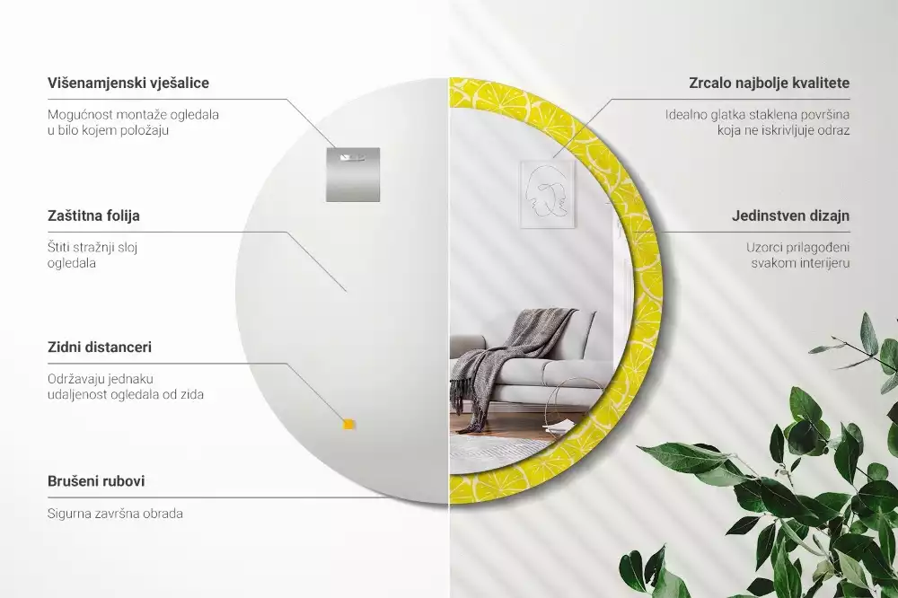 Lustro okrągłe z drukowaną ramką w motywem cytryn