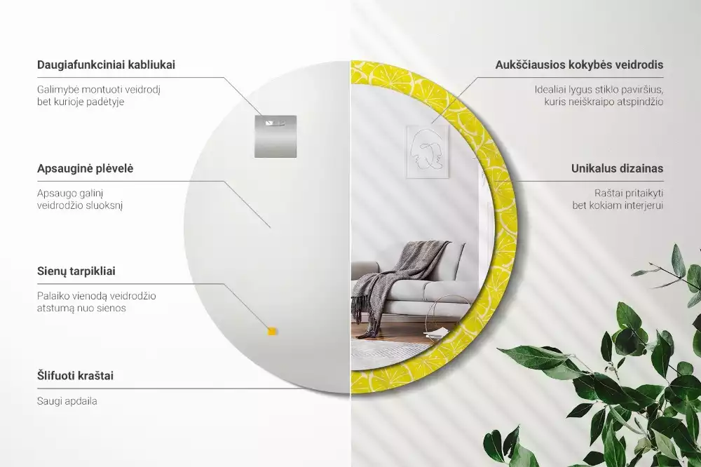 Lustro okrągłe z drukowaną ramką w motywem cytryn