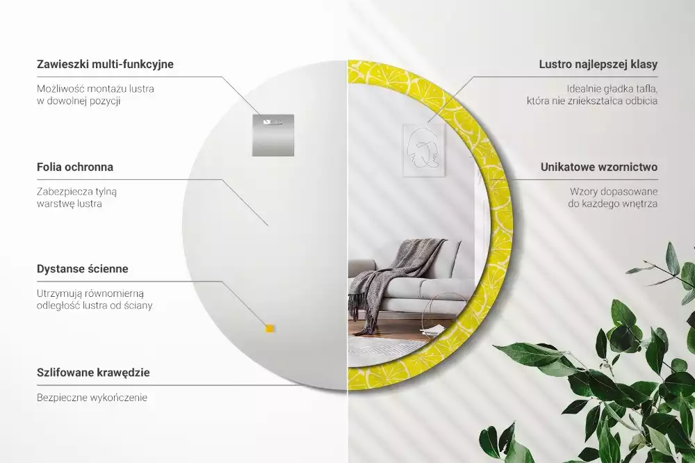 Lustro okrągłe z drukowaną ramką w motywem cytryn