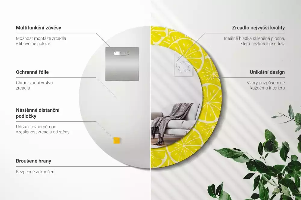 Lustro okrągłe z drukowaną ramką w motywem cytryn