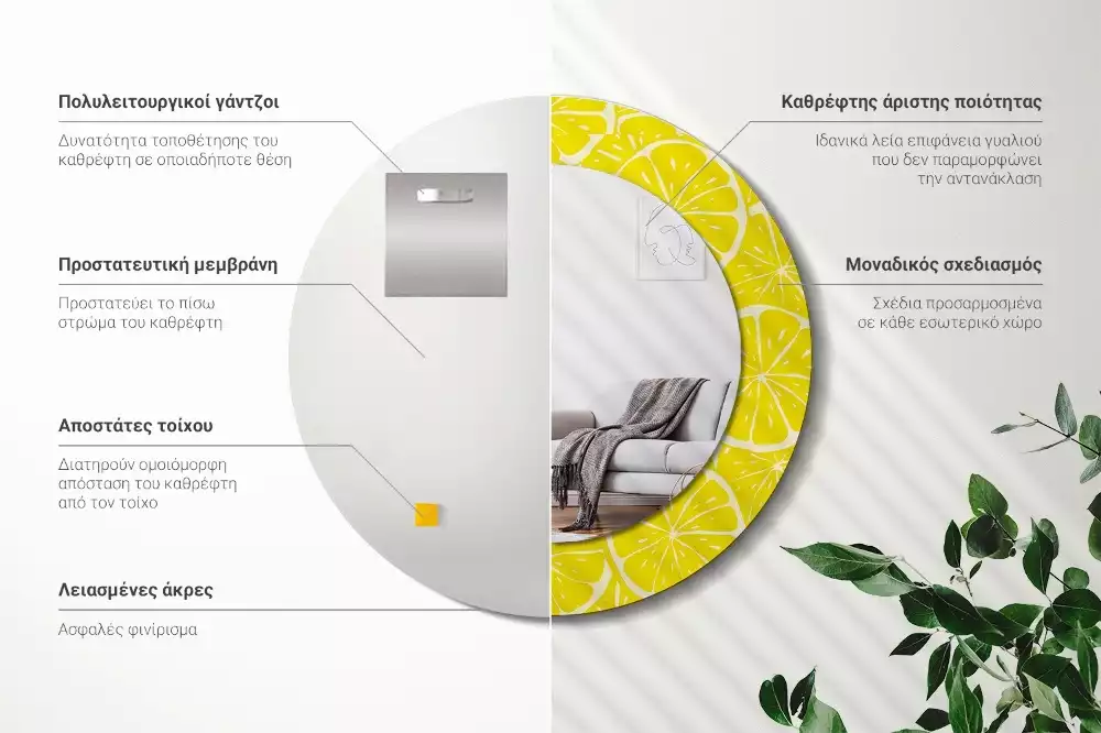 Lustro okrągłe z drukowaną ramką w motywem cytryn