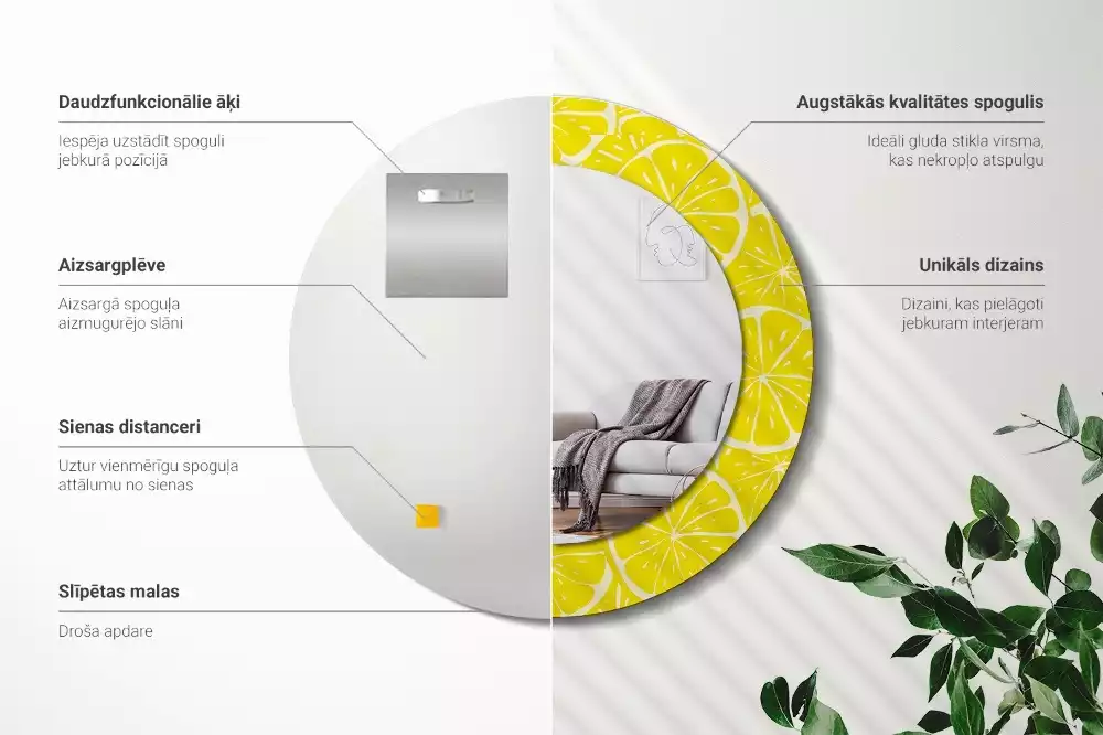 Lustro okrągłe z drukowaną ramką w motywem cytryn