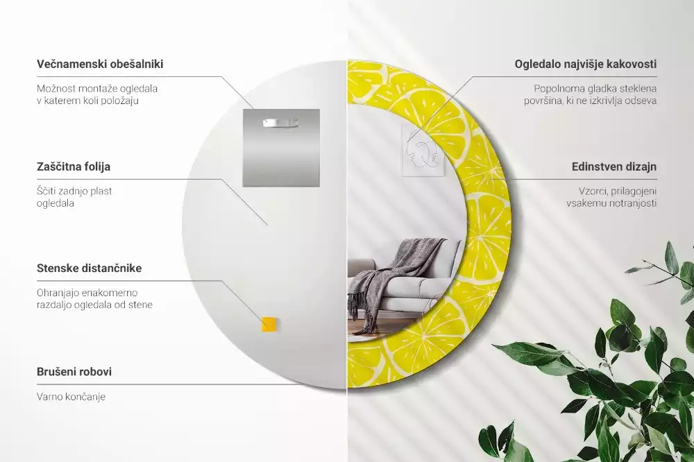 Lustro okrągłe z drukowaną ramką w motywem cytryn