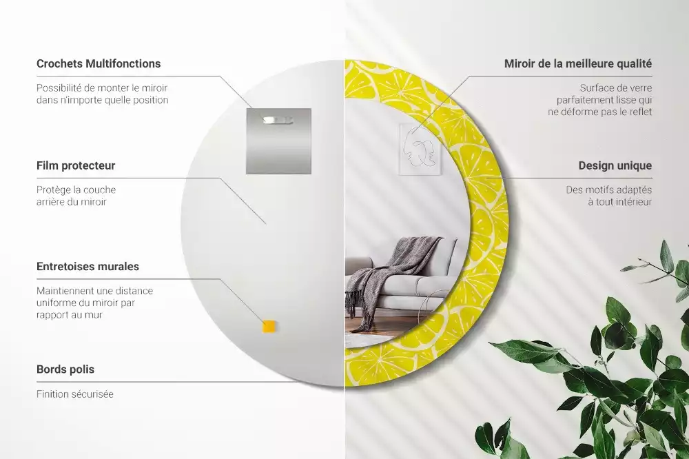 Lustro okrągłe z drukowaną ramką w motywem cytryn