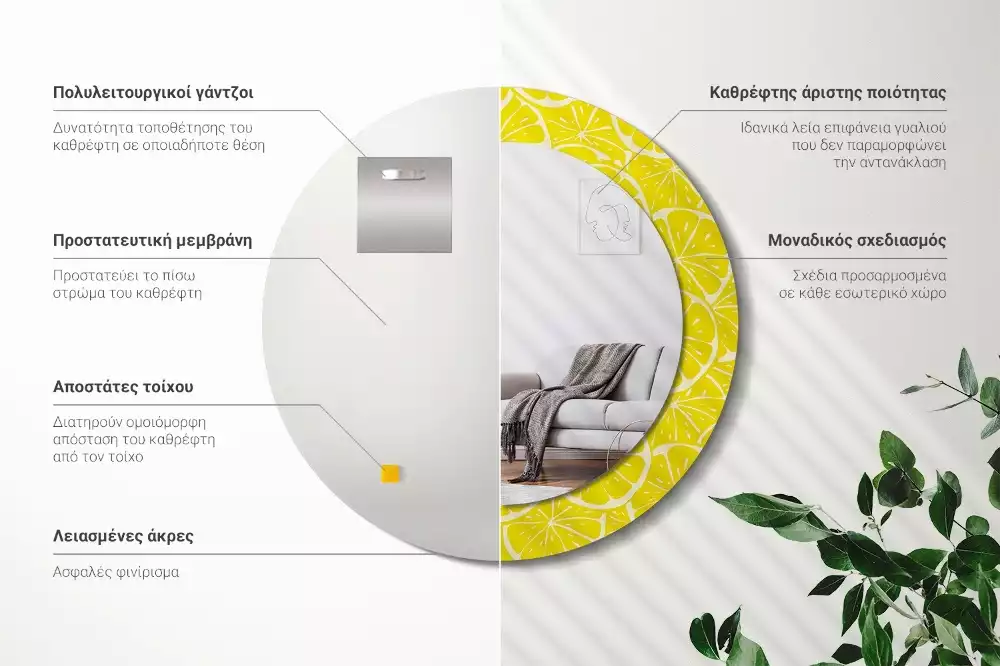 Lustro okrągłe z drukowaną ramką w motywem cytryn